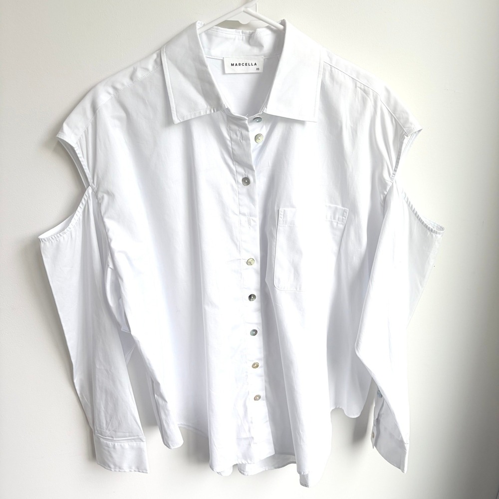 Marcella NYC Downtown Cold Shoulder Shirt XS Minimal White Cotton Cutout Blouse